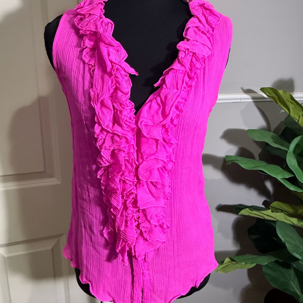 Oscar de la Renta Hot Pink Ruffle-Trim Sleeveless V-Neck Blouse size 6